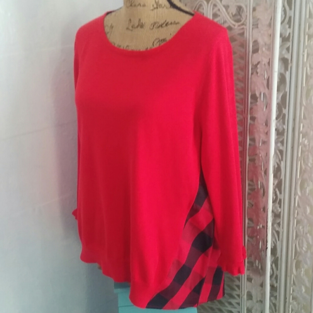 Red Crown & Ivy Hi Low Buffalo Plaid Sweater Sz L